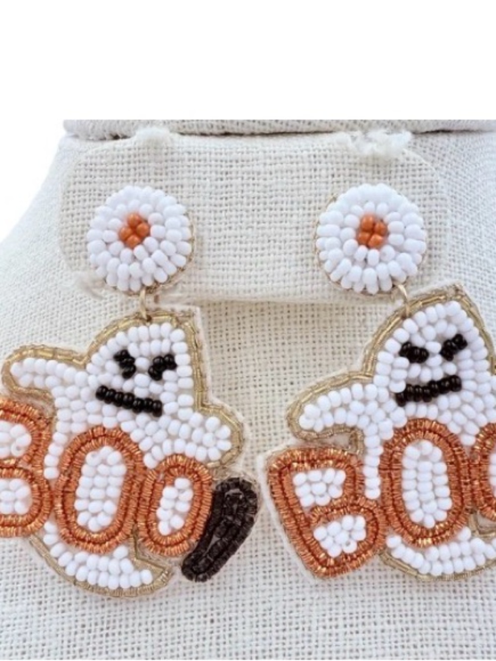 White & Orange Ghost 'Boo' Beaded Kids Earrings